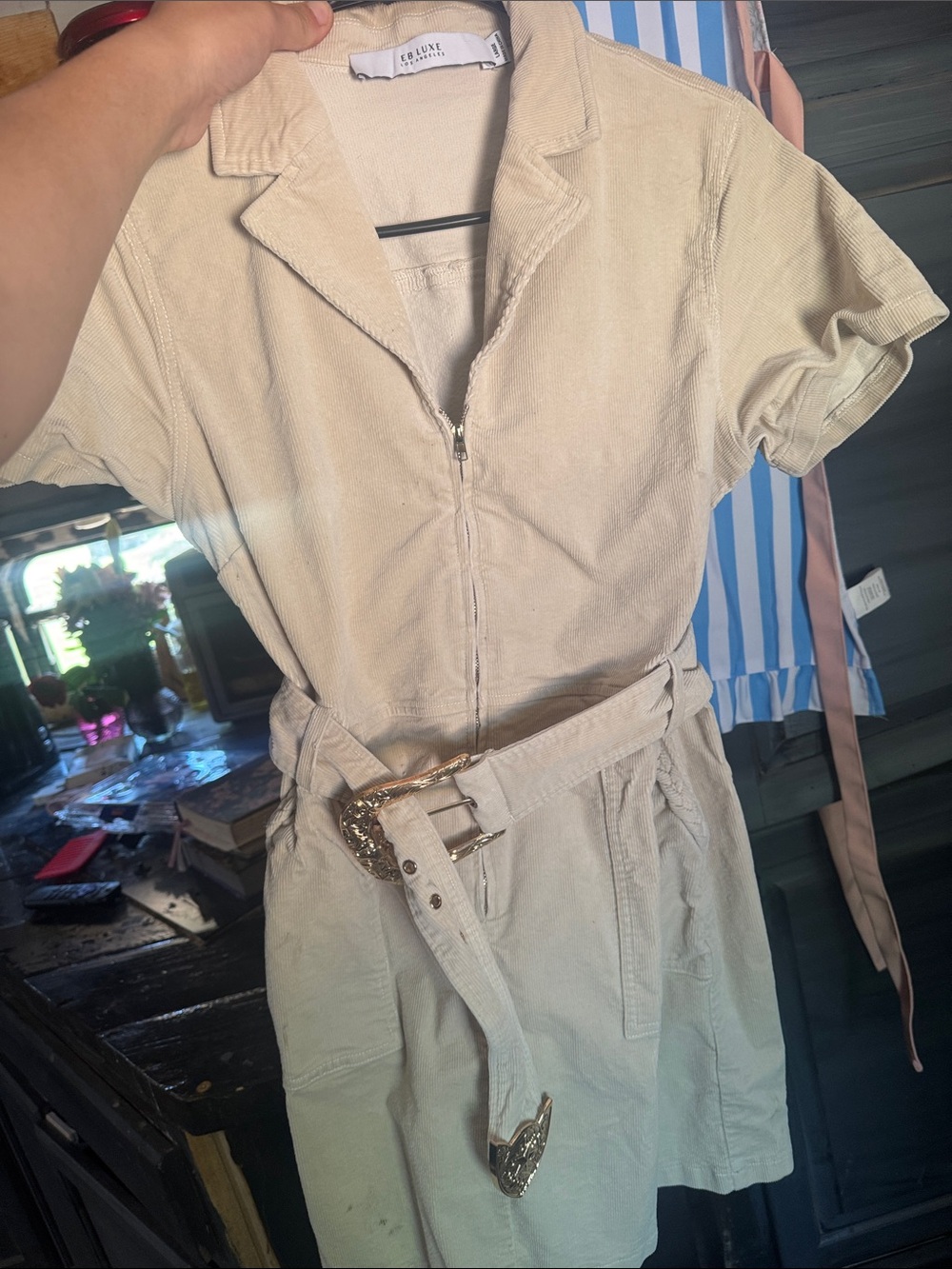 EB LUXE Los Angeles western Cream Short Sleeve Zip Romper with Belt